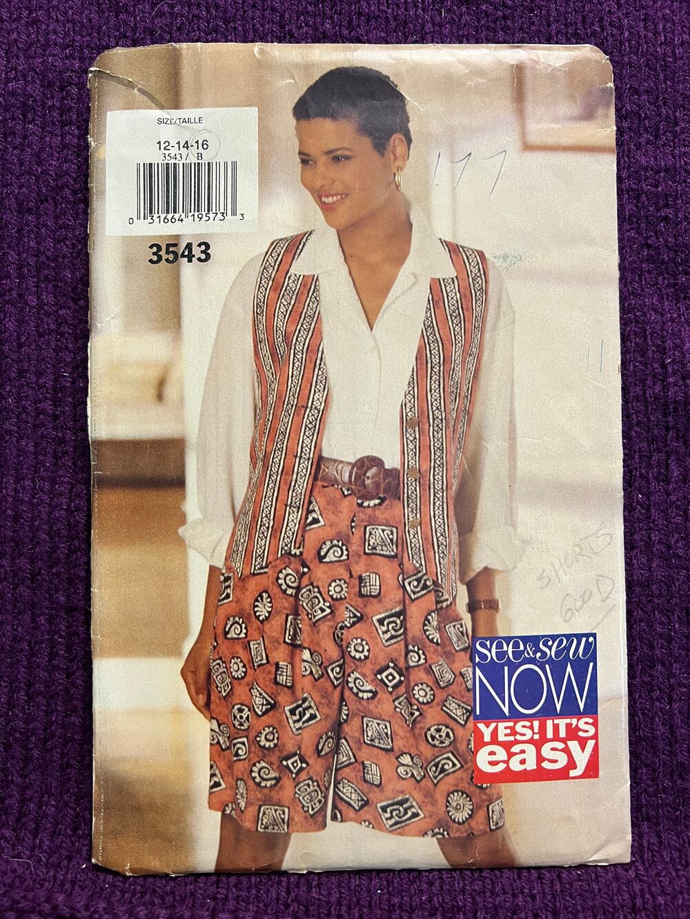butterick sewing pattern 3543 vest pants shirt size 12 14 16
